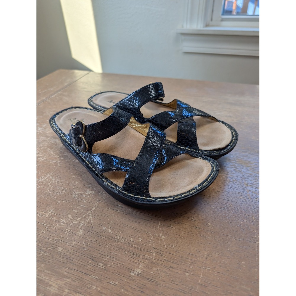 Alegria Victoriah Black Snakeskin Embossed Leather Slide Sandals Butterfly  40